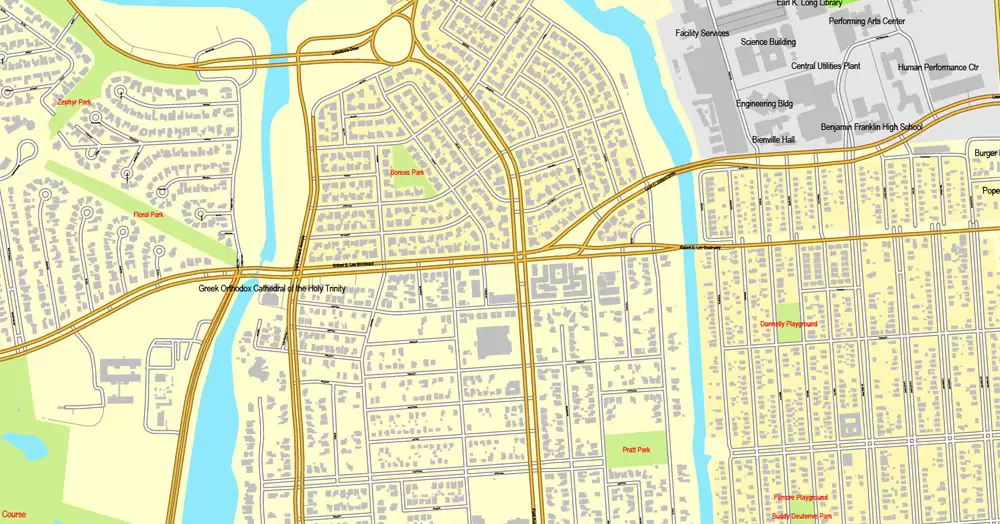 Vector Map New Orleans, Louisiana, US, exact vector map Adobe Illustrator editable City Plan V3.09, full vector