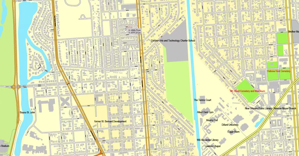 Vector Map New Orleans, Louisiana, US, exact vector map Adobe Illustrator editable City Plan V3.09, full vector