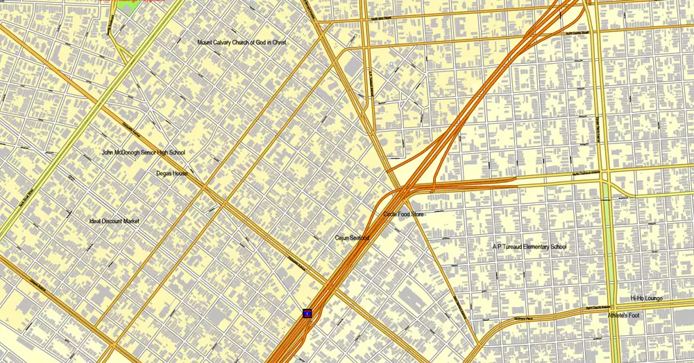 Vector Map New Orleans, Louisiana, US, exact vector map Adobe Illustrator editable City Plan V3.09, full vector