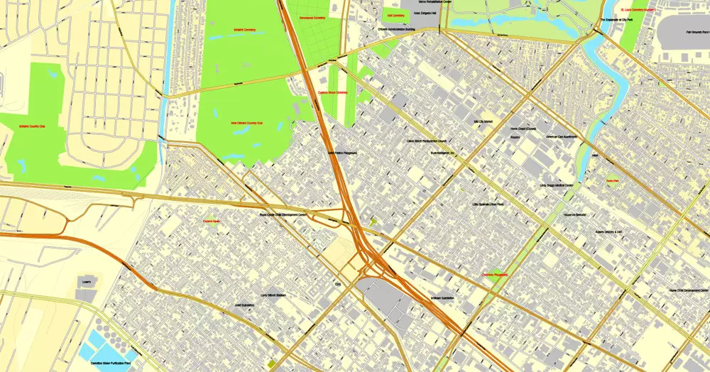 Vector Map New Orleans, Louisiana, US, exact vector map Adobe Illustrator editable City Plan V3.09, full vector
