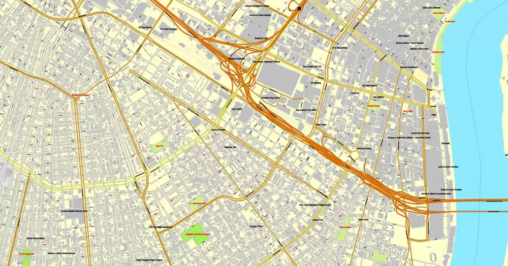Vector Map New Orleans, Louisiana, US, exact vector map Adobe Illustrator editable City Plan V3.09, full vector