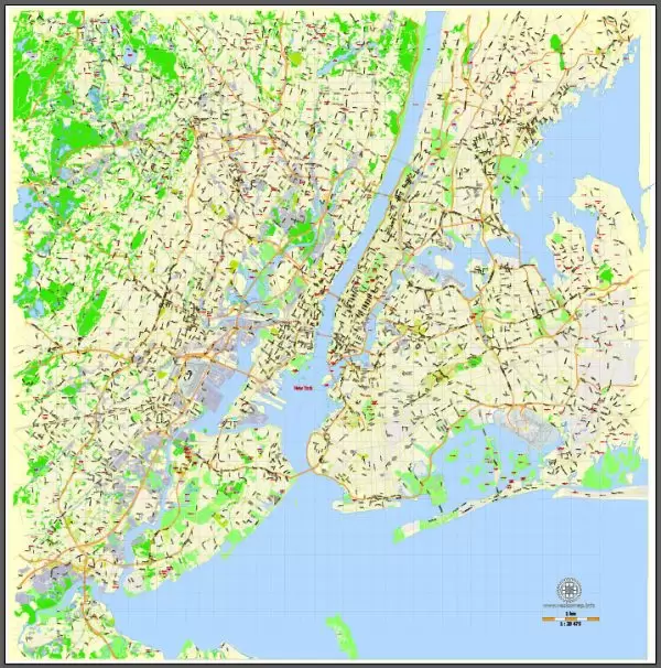 Printable New York City Map, US, exact vector street G-view Level 14 (1,000 meters) map V3.09, full editable, Adobe Illustrator, full vector, scalable, editable text format street names, 24 mb ZIP