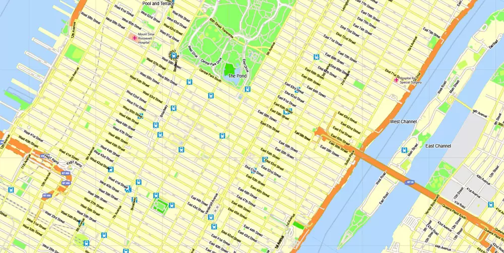 Printable Map New York City, US, exact vector street G-view Level 15 (500 meters) map V3.09, full editable, Adobe Illustrator, full vector, scalable, editable text format street names, 23 mb ZIP