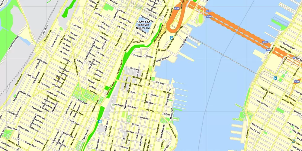 Printable Map New York City, US, exact vector street G-view Level 15 (500 meters) map V3.09, full editable, Adobe Illustrator, full vector, scalable, editable text format street names, 23 mb ZIP