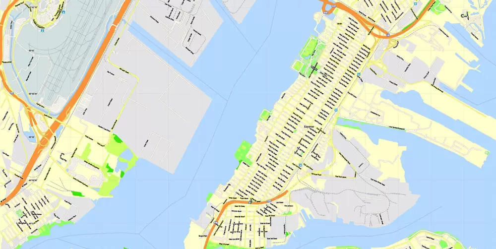 Printable Map New York City, US, exact vector street G-view Level 15 (500 meters) map V3.09, full editable, Adobe Illustrator, full vector, scalable, editable text format street names, 23 mb ZIP