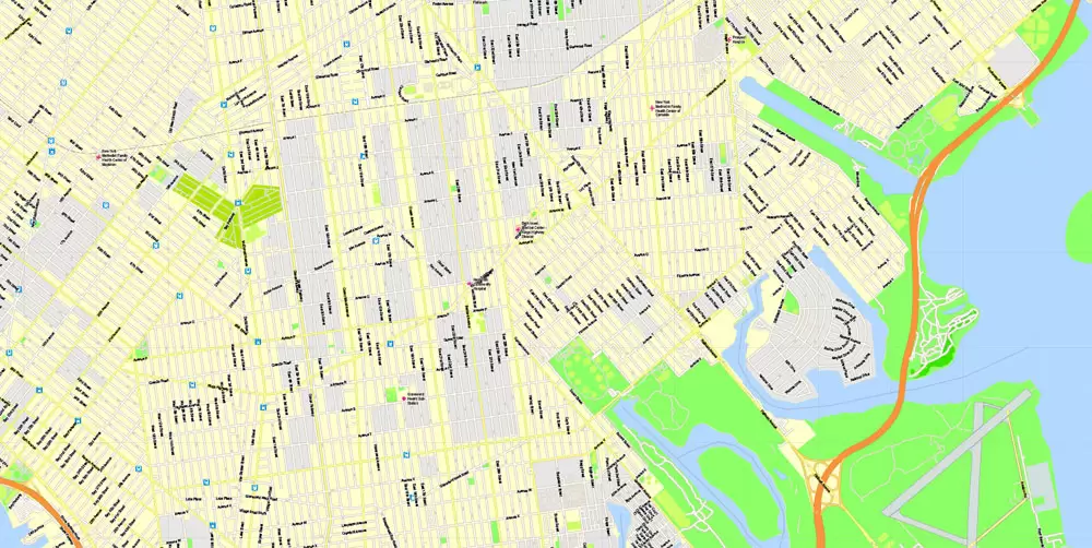 Printable Map New York City, US, exact vector street G-view Level 15 (500 meters) map V3.09, full editable, Adobe Illustrator, full vector, scalable, editable text format street names, 23 mb ZIP