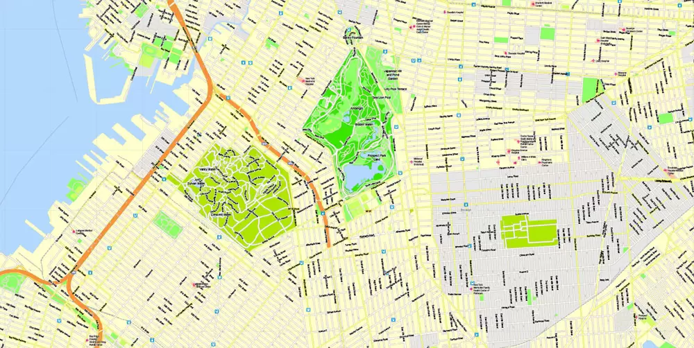 Printable Map New York City, US, exact vector street G-view Level 15 (500 meters) map V3.09, full editable, Adobe Illustrator, full vector, scalable, editable text format street names, 23 mb ZIP