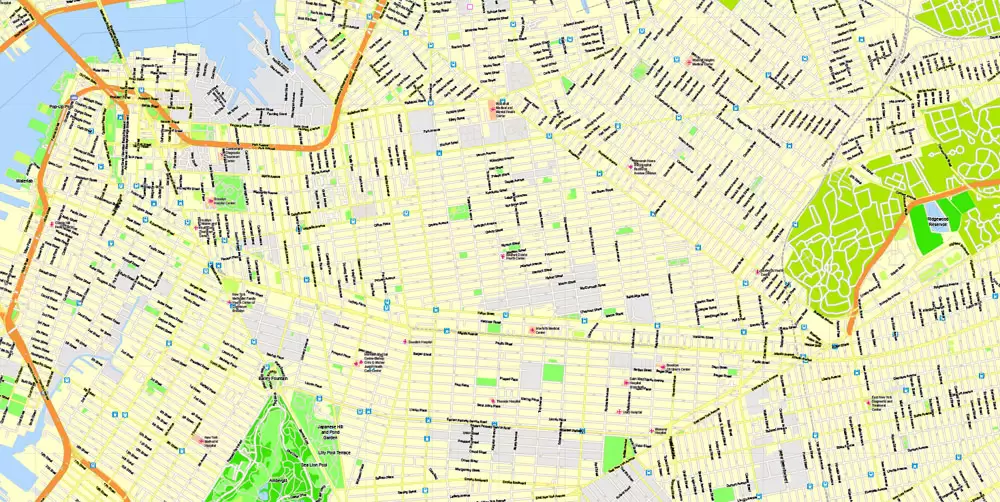 Printable Map New York City, US, exact vector street G-view Level 15 (500 meters) map V3.09, full editable, Adobe Illustrator, full vector, scalable, editable text format street names, 23 mb ZIP