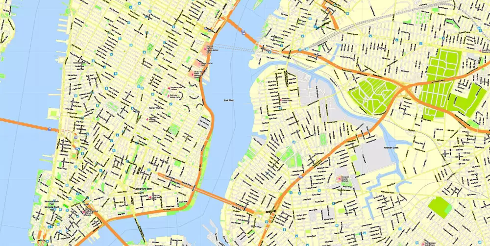 Printable Map New York City, US, exact vector street G-view Level 15 (500 meters) map V3.09, full editable, Adobe Illustrator, full vector, scalable, editable text format street names, 23 mb ZIP