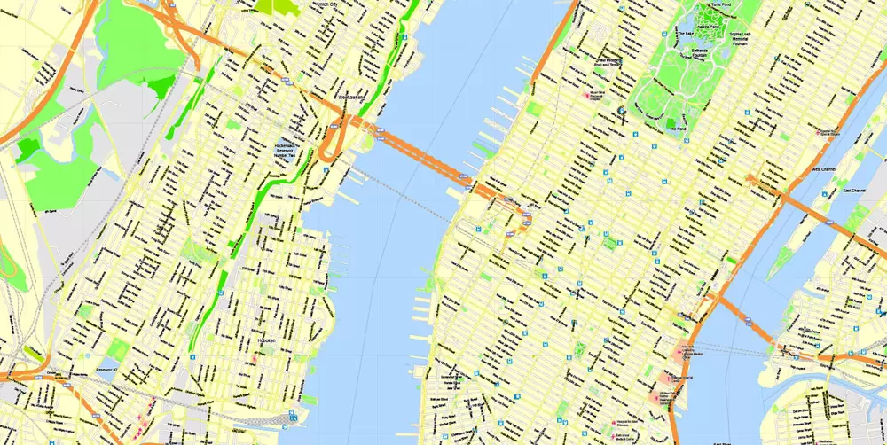 Printable Map New York City, US, exact vector street G-view Level 15 (500 meters) map V3.09, full editable, Adobe Illustrator, full vector, scalable, editable text format street names, 23 mb ZIP
