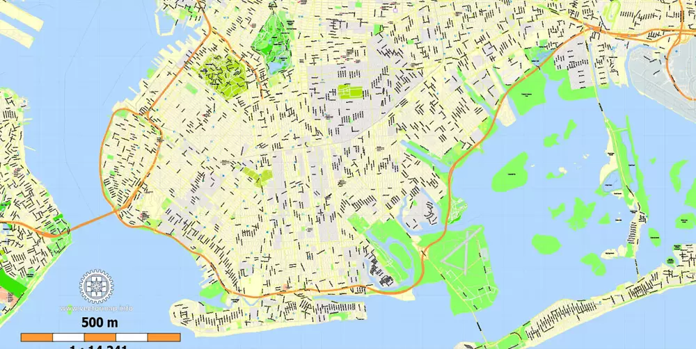 Printable Map New York City, US, exact vector street G-view Level 15 (500 meters) map V3.09, full editable, Adobe Illustrator, full vector, scalable, editable text format street names, 23 mb ZIP