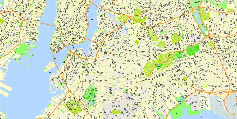 Printable Map New York City, US, exact vector street G-view Level 15 (500 meters) map V3.09, full editable, Adobe Illustrator, full vector, scalable, editable text format street names, 23 mb ZIP