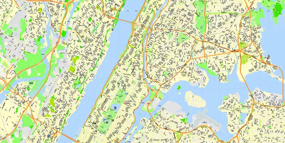 Printable Map New York City, US, exact vector street G-view Level 15 (500 meters) map V3.09, full editable, Adobe Illustrator, full vector, scalable, editable text format street names, 23 mb ZIP