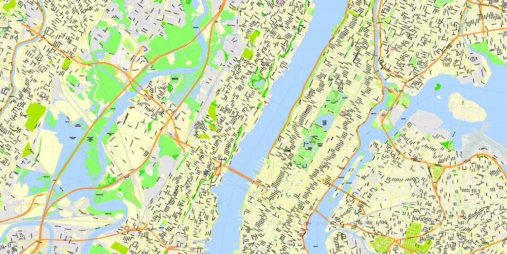 Printable Map New York City, US, exact vector street G-view Level 15 (500 meters) map V3.09, full editable, Adobe Illustrator, full vector, scalable, editable text format street names, 23 mb ZIP
