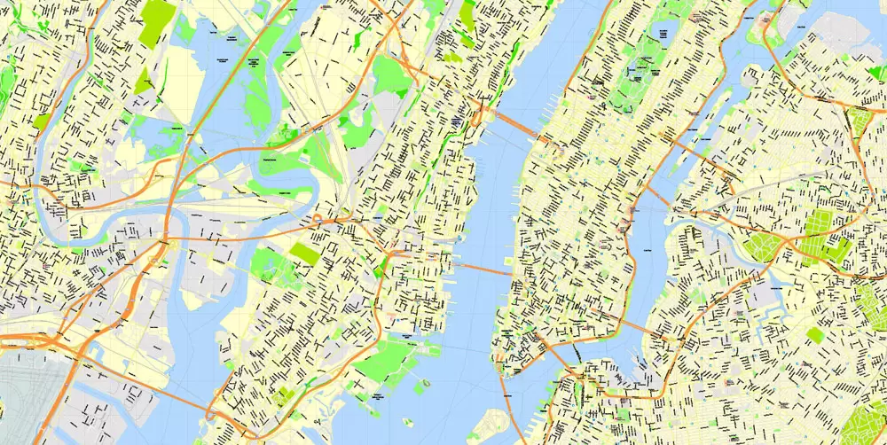 Printable Map New York City, US, exact vector street G-view Level 15 (500 meters) map V3.09, full editable, Adobe Illustrator, full vector, scalable, editable text format street names, 23 mb ZIP