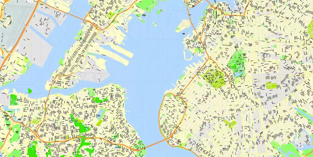 New York City Map, US, exact vector street G-view Level 15 (500 meters)  map V3.09, full editable, printable Adobe PDF