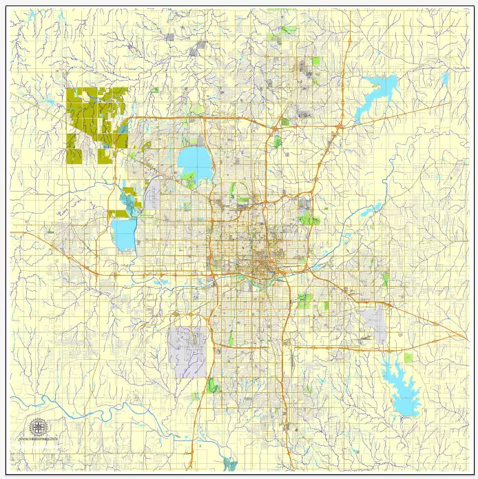 Printable Map Oklahoma City, Oklahoma, US, exact vector street City Plan map V3.09, full editable, Adobe Illustrator, full vector, scalable, editable text format street names, 16 mb ZIP