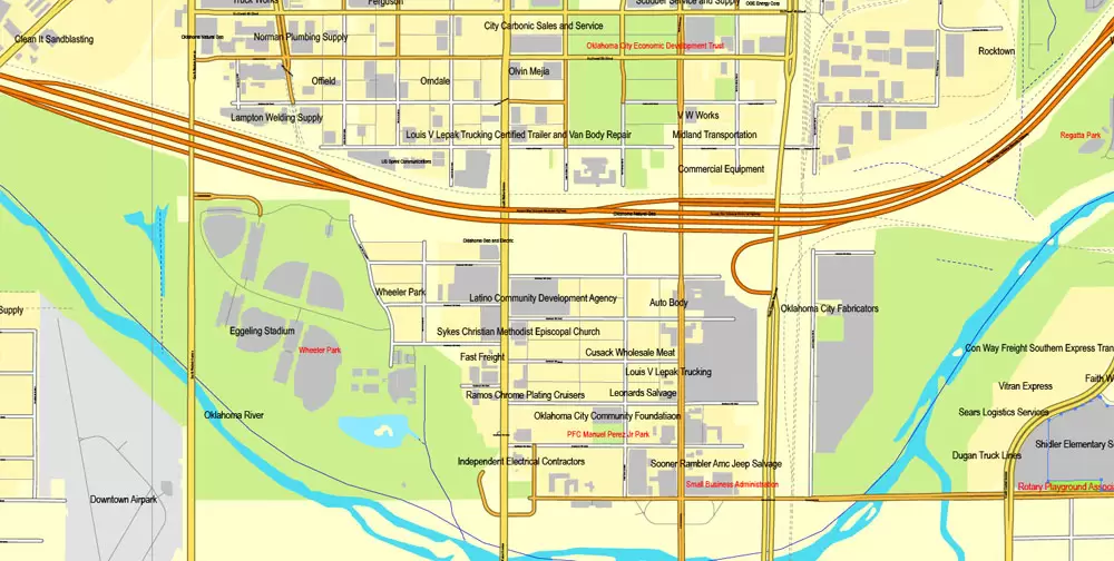 Printable Map Oklahoma City, Oklahoma, US, exact vector street City Plan map V3.09, full editable, Adobe Illustrator, full vector, scalable, editable text format street names, 16 mb ZIP