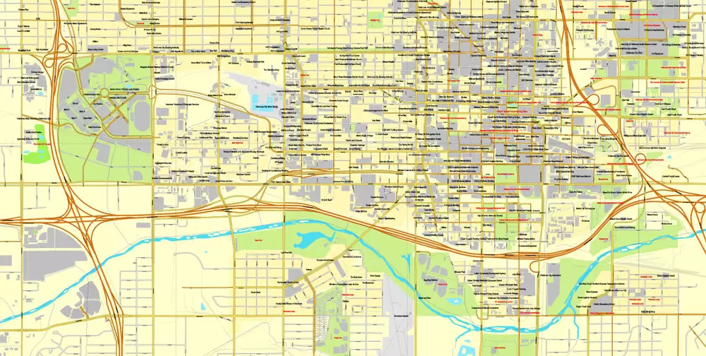 Printable Map Oklahoma City, Oklahoma, US, exact vector street City Plan map V3.09, full editable, Adobe Illustrator, full vector, scalable, editable text format street names, 16 mb ZIP