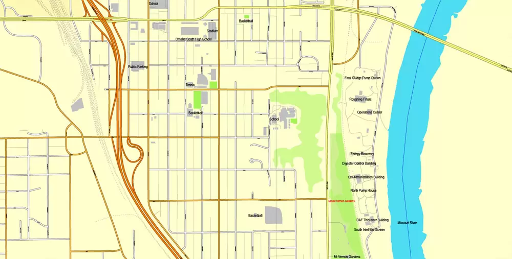 Printable Map Omaha, Nebraska, US, exact vector street City Plan map V3.09, full editable, Adobe Illustrator, full vector, scalable, editable text format street names, 11 mb ZIP