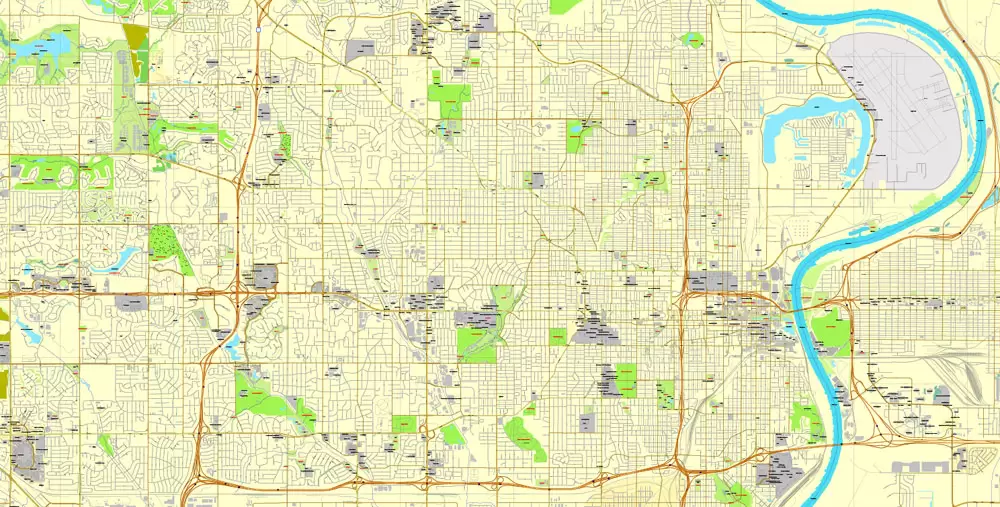 Printable Map Omaha, Nebraska, US, exact vector street City Plan map V3.09, full editable, Adobe Illustrator, full vector, scalable, editable text format street names, 11 mb ZIP
