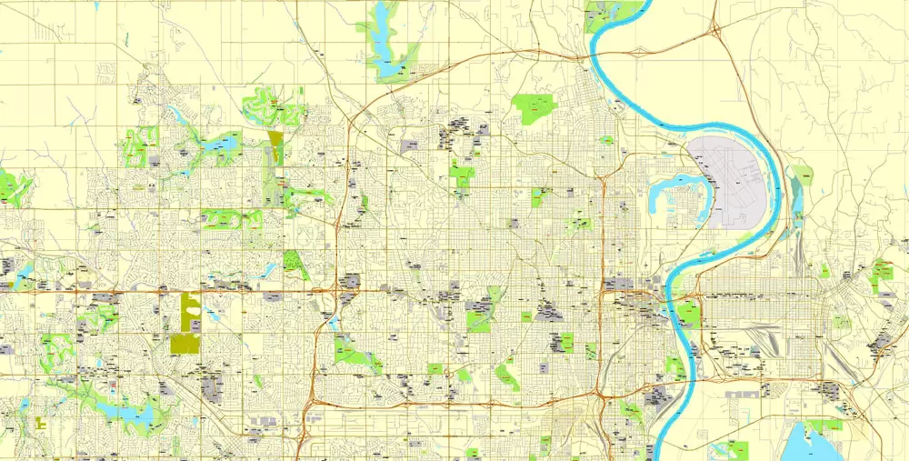 Printable Map Omaha, Nebraska, US, exact vector street City Plan map V3.09, full editable, Adobe Illustrator, full vector, scalable, editable text format street names, 11 mb ZIP