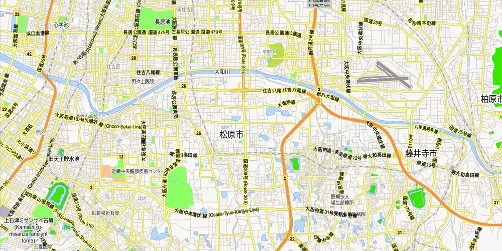 Osaka Vector Map Japan printable exact City Plan 2,000 meters scale Street Map full editable Adobe Illustrator
