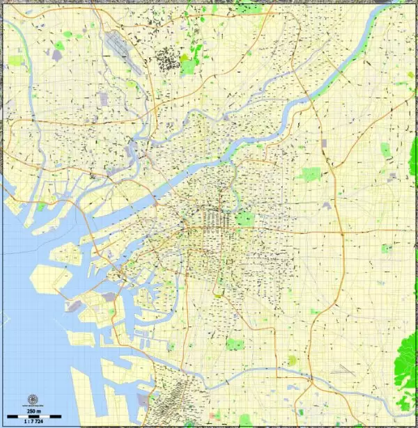 Osaka Map PDF Vector Japan printable exact City Plan 250 meters scale Street Map editable Adobe PDF, scalable, editable text format  street names, 32 mb ZIP