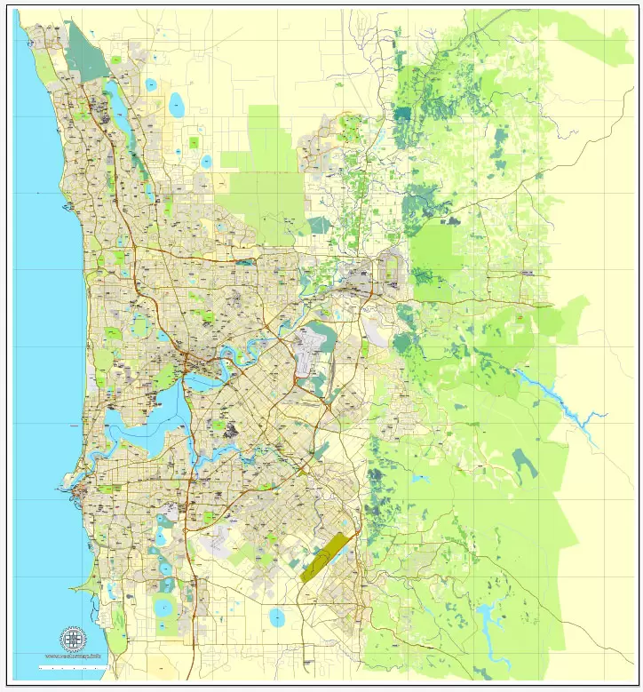 Printable Map Perth, Australia, exact vector street City Plan map V.3.09, full editable, Adobe Illustrator, full vector, scalable, editable, text format street names, 19 mb ZIP