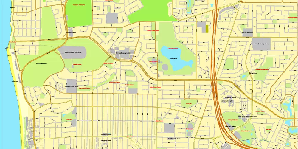 Printable Map Perth, Australia, exact vector street City Plan map V.3.09, full editable, Adobe Illustrator, full vector, scalable, editable, text format street names, 19 mb ZIP