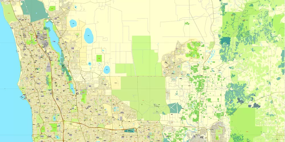 Printable Map Perth, Australia, exact vector street City Plan map V.3.09, full editable, Adobe Illustrator, full vector, scalable, editable, text format street names, 19 mb ZIP