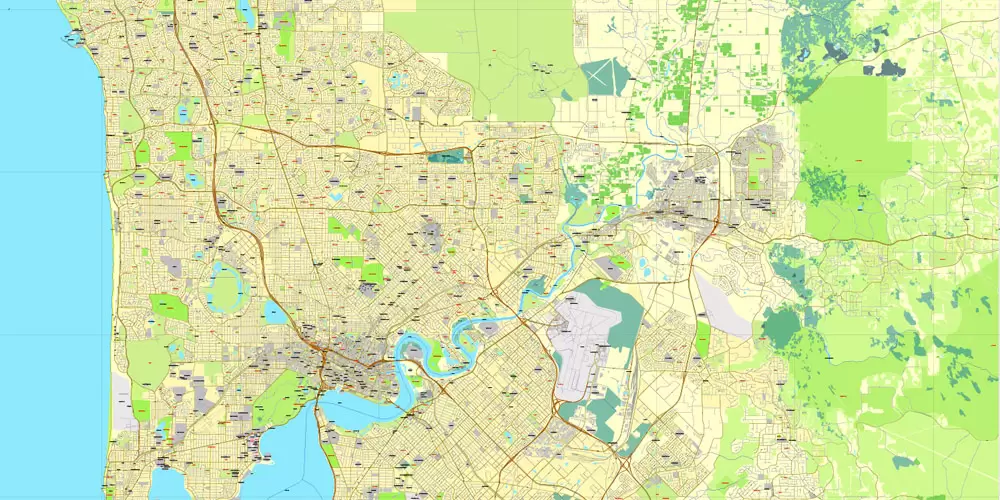 Printable Map Perth, Australia, exact vector street City Plan map V.3.09, full editable, Adobe Illustrator, full vector, scalable, editable, text format street names, 19 mb ZIP