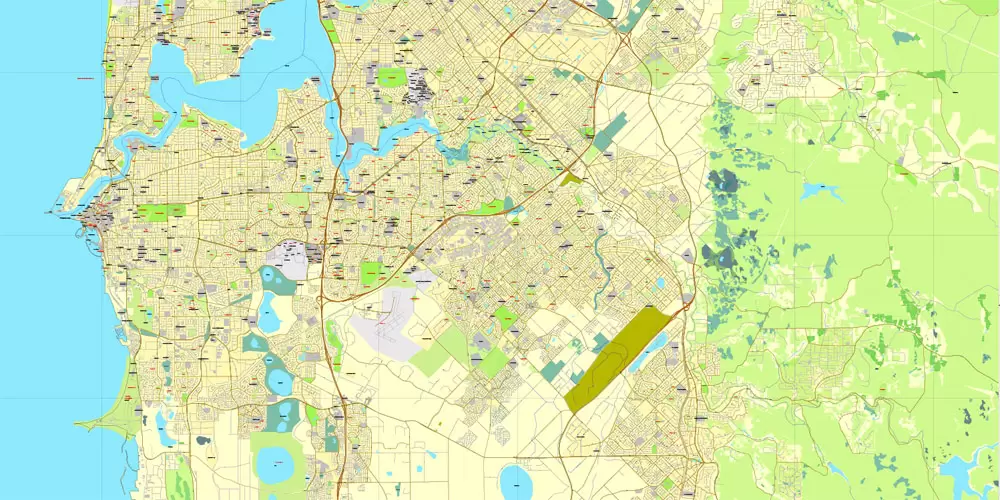 Printable Map Perth, Australia, exact vector street City Plan map V.3.09, full editable, Adobe Illustrator, full vector, scalable, editable, text format street names, 19 mb ZIP