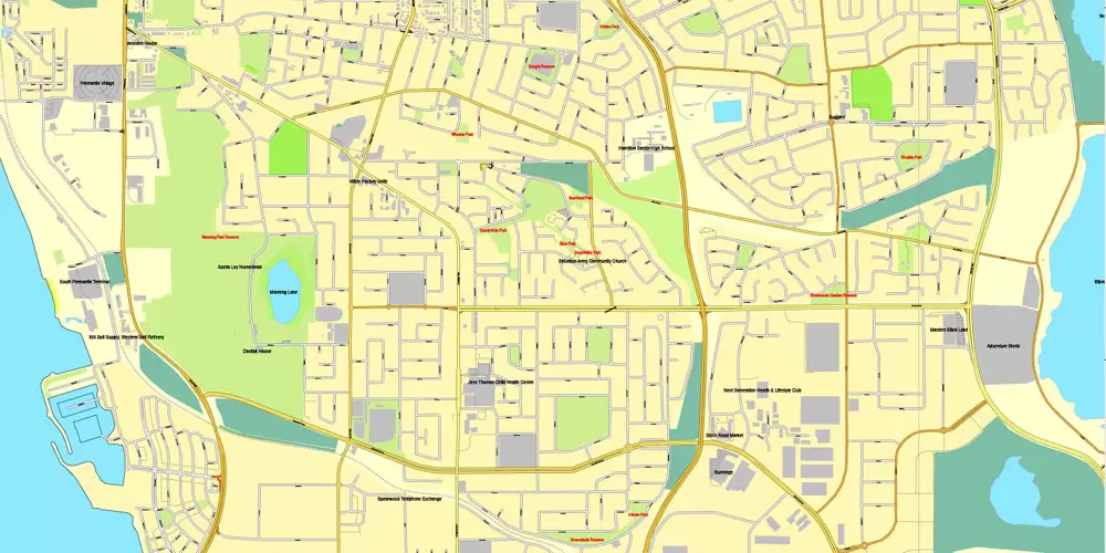 Printable Map Perth, Australia, exact vector street City Plan map V.3.09, full editable, Adobe Illustrator, full vector, scalable, editable, text format street names, 19 mb ZIP