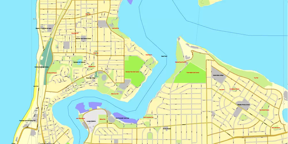 Printable Map Perth, Australia, exact vector street City Plan map V.3.09, full editable, Adobe Illustrator, full vector, scalable, editable, text format street names, 19 mb ZIP