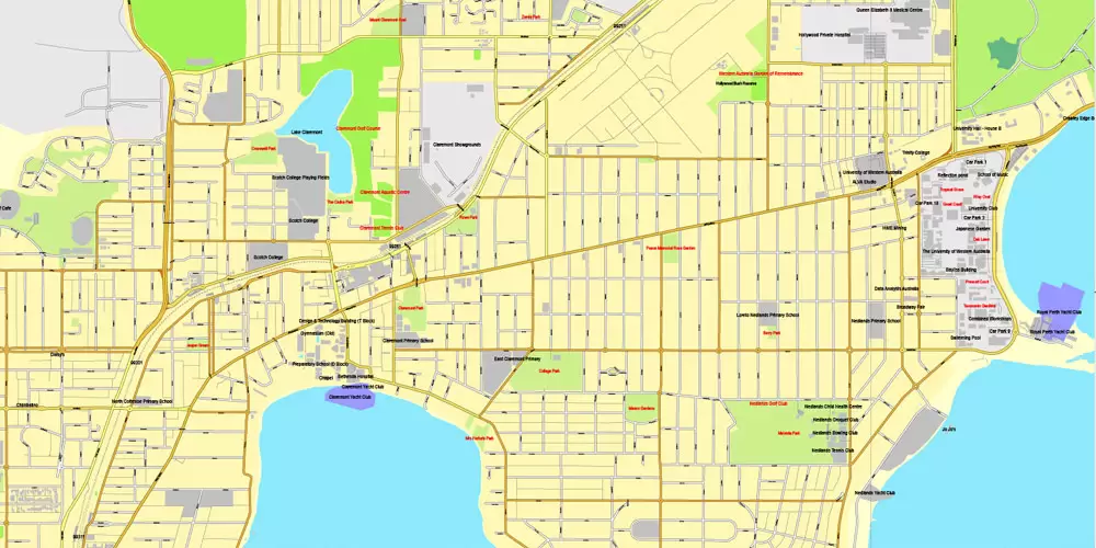 Printable Map Perth, Australia, exact vector street City Plan map V.3.09, full editable, Adobe Illustrator, full vector, scalable, editable, text format street names, 19 mb ZIP