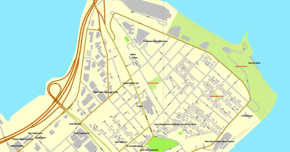 Printable Map Portland, Maine, US, exact vector street City Plan map V3.09, full editable, Adobe Illustrator, full vector, scalable, editable text format street names, 4 mb ZIP