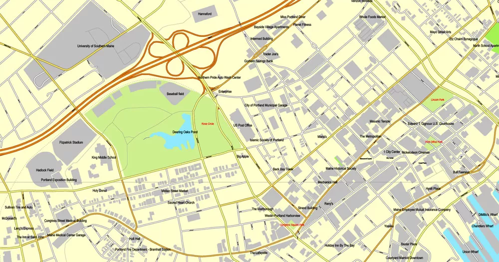 Printable Map Portland, Maine, US, exact vector street City Plan map V3.09, full editable, Adobe Illustrator, full vector, scalable, editable text format street names, 4 mb ZIP
