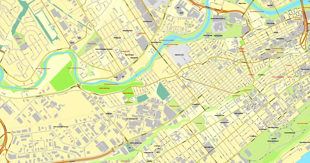 Printable Map Quebec City, Canada, Printable City Plan V.3.09 Adobe Illustrator, full vector, Map V3.09, scalable, editable, separated text layer street names, 8 mb ZIP