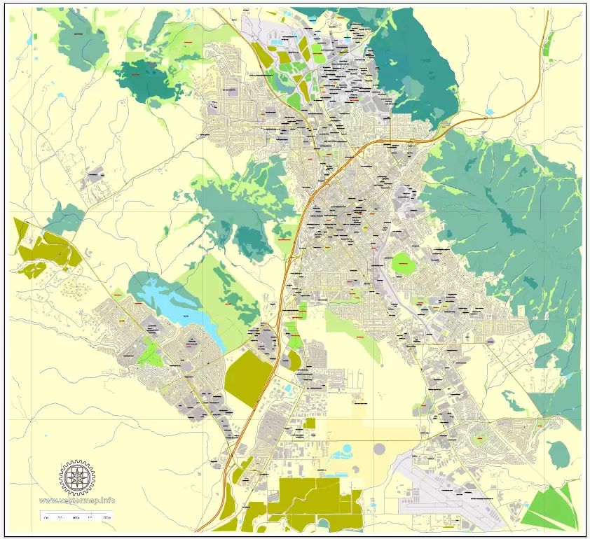 Printable Map San Louis Obispo, Californis, US, exact vector street City Plan map V3.09, full editable, Adobe Illustrator, full vector, scalable, editable text format street names, 3 mb ZIP