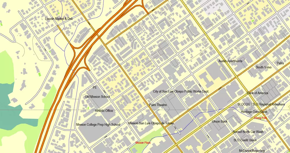Printable Map San Louis Obispo, Californis, US, exact vector street City Plan map V3.09, full editable, Adobe Illustrator, full vector, scalable, editable text format street names, 3 mb ZIP