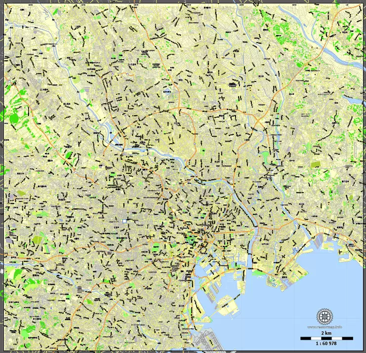 Tokyo, Japan, printable exact vector map G-View level 13 (2,000 meters) street City Plan V.3.09 full editable, Adobe Illustrator, full vector, scalable, editable text format street names, 35 mb ZIP