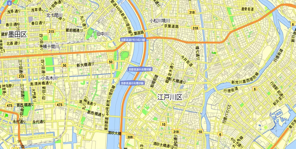 Tokyo, Japan, printable exact vector map G-View level 13 (2,000 meters) street City Plan V.3.09 full editable, Adobe Illustrator, full vector, scalable, editable text format street names, 35 mb ZIP