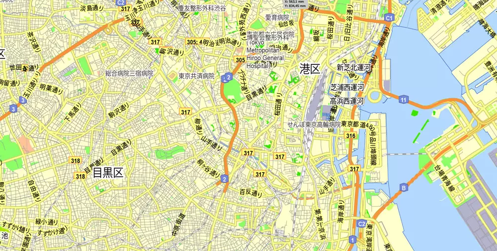 Tokyo, Japan, printable exact vector map G-View level 13 (2,000 meters) street City Plan V.3.09 full editable, Adobe Illustrator, full vector, scalable, editable text format street names, 35 mb ZIP