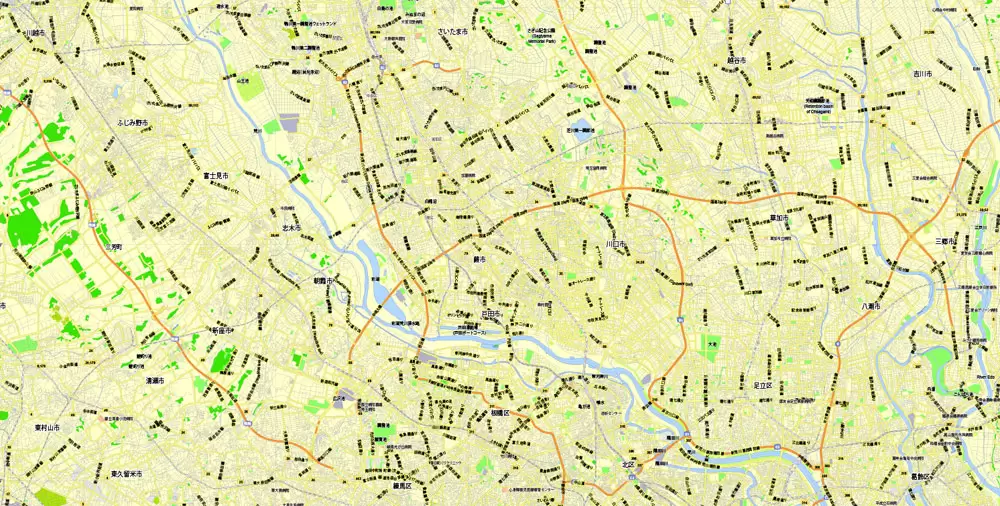 Tokyo, Japan, printable exact vector map G-View level 13 (2,000 meters) street City Plan V.3.09 full editable, Adobe Illustrator, full vector, scalable, editable text format street names, 35 mb ZIP
