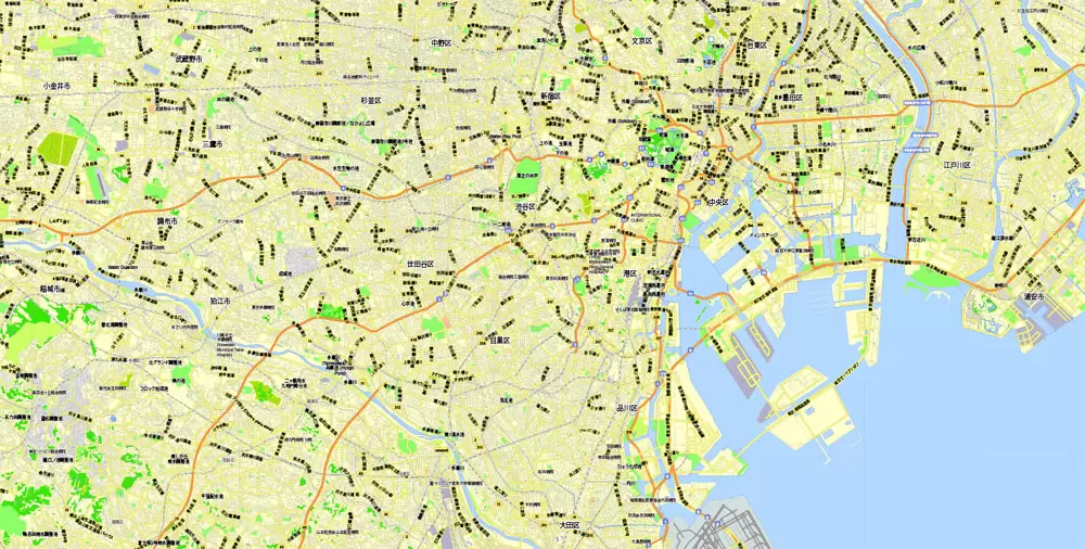 Tokyo, Japan, printable exact vector map G-View level 13 (2,000 meters) street City Plan V.3.09 full editable, Adobe Illustrator, full vector, scalable, editable text format street names, 35 mb ZIP