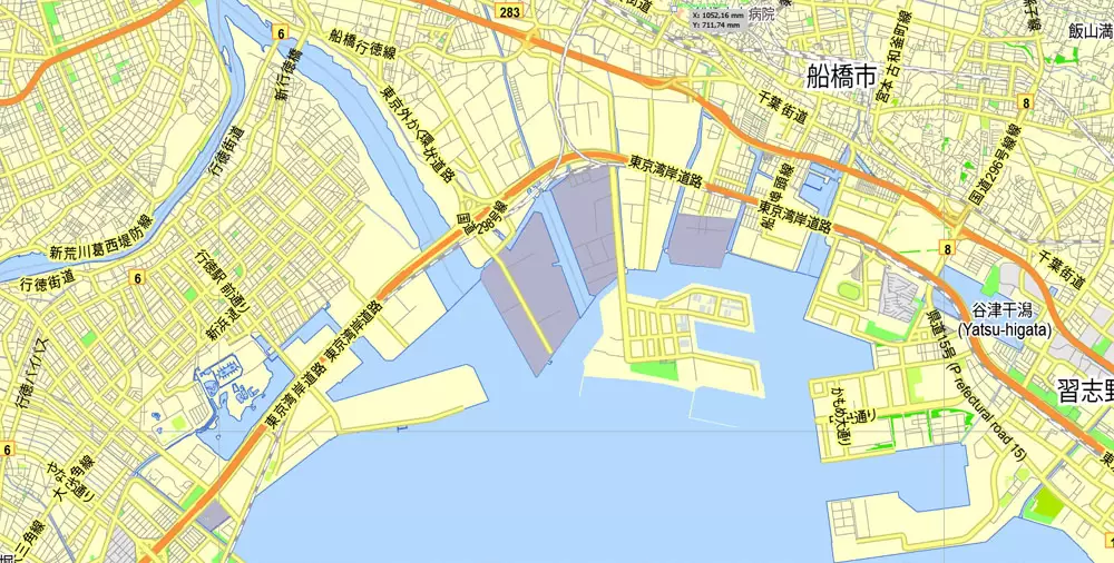 Tokyo, Japan, printable exact vector map G-View level 13 (2,000 meters) street City Plan V.3.09 full editable, Adobe Illustrator, full vector, scalable, editable text format street names, 35 mb ZIP