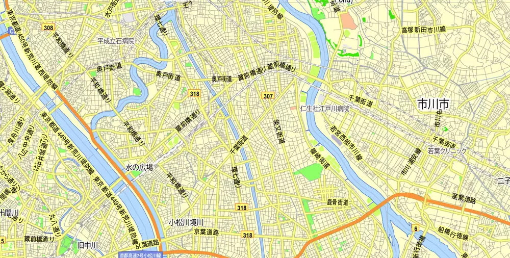 Tokyo, Japan, printable exact vector map G-View level 13 (2,000 meters) street City Plan V.3.09 full editable, Adobe Illustrator, full vector, scalable, editable text format street names, 35 mb ZIP