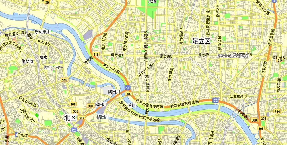 Tokyo, Japan, printable exact vector map G-View level 13 (2,000 meters) street City Plan V.3.09 full editable, Adobe Illustrator, full vector, scalable, editable text format street names, 35 mb ZIP