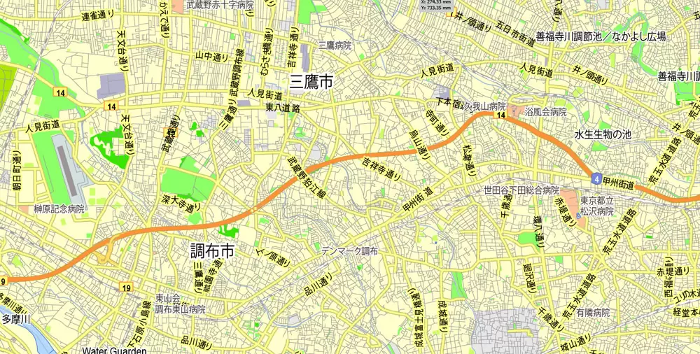 Tokyo, Japan, printable exact vector map G-View level 13 (2,000 meters) street City Plan V.3.09 full editable, Adobe Illustrator, full vector, scalable, editable text format street names, 35 mb ZIP